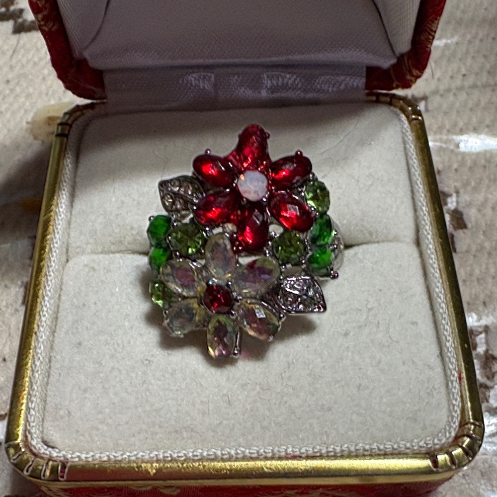 Red & Green Floral Crystal Ring - Sparkling Flower Statement